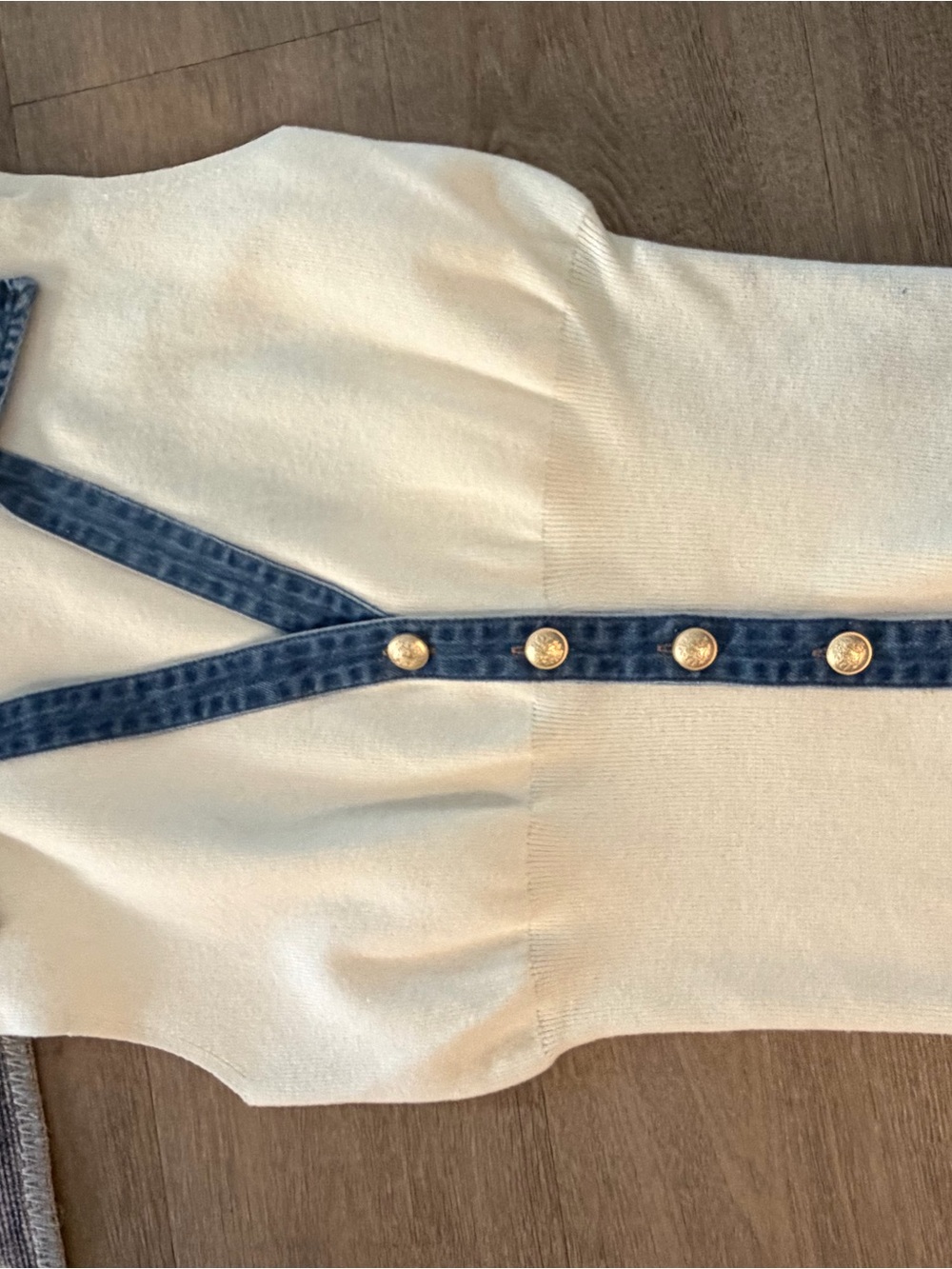 Cream Knit Tank with Blue Trim and Gold Buttons